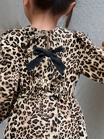 Girls Leopard Print Casual Dress With Cute Bow Decor At Back