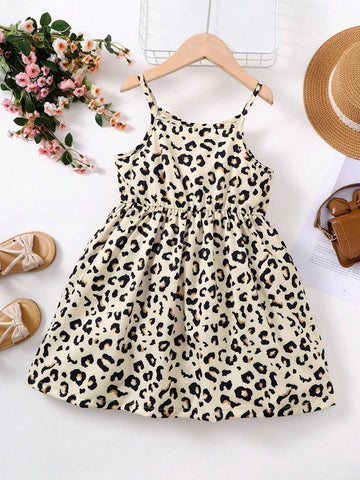 Girls" Leopard Print Casual & Vacation Style Spaghetti Strap Dress