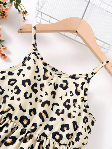 Girls" Leopard Print Casual & Vacation Style Spaghetti Strap Dress