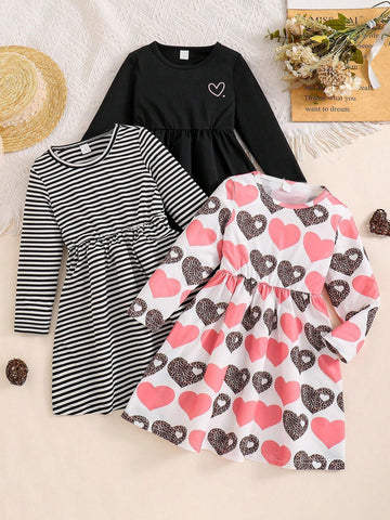 Girls Leopard Print Heart Striped Long Sleeve Round Neck Casual Dress, Suitable For Everyday Wear, Festivals, Outdoor Activities