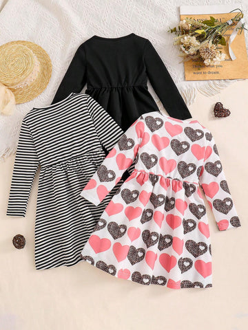 Girls Leopard Print Heart Striped Long Sleeve Round Neck Casual Dress, Suitable For Everyday Wear, Festivals, Outdoor Activities