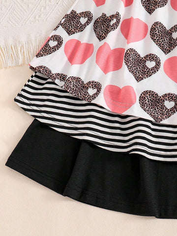 Girls Leopard Print Heart Striped Long Sleeve Round Neck Casual Dress, Suitable For Everyday Wear, Festivals, Outdoor Activities