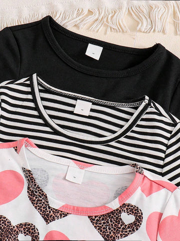 Girls Leopard Print Heart Striped Long Sleeve Round Neck Casual Dress, Suitable For Everyday Wear, Festivals, Outdoor Activities