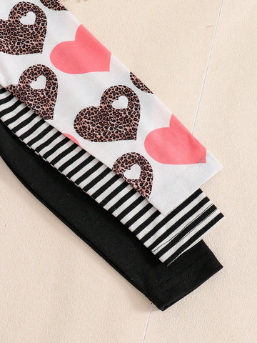 Girls Leopard Print Heart Striped Long Sleeve Round Neck Casual Dress, Suitable For Everyday Wear, Festivals, Outdoor Activities