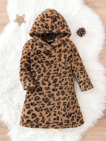 Girls Leopard Print Hooded Warm Long Sleeve Dress, Winter