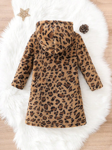 Girls Leopard Print Hooded Warm Long Sleeve Dress, Winter