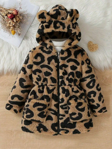 Girls Leopard Print Warm Winter Jacket With Cute Bear Ear Hood, Zipper Closure And Pockets, Thick And Insulated
