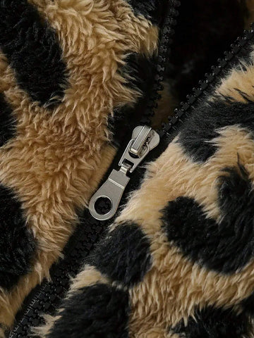Girls Leopard Print Warm Winter Jacket With Cute Bear Ear Hood, Zipper Closure And Pockets, Thick And Insulated