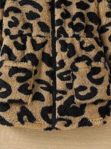 Girls Leopard Print Warm Winter Jacket With Cute Bear Ear Hood, Zipper Closure And Pockets, Thick And Insulated