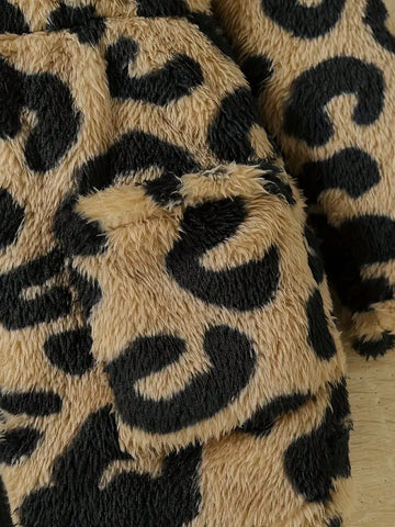 Girls Leopard Print Warm Winter Jacket With Cute Bear Ear Hood, Zipper Closure And Pockets, Thick And Insulated