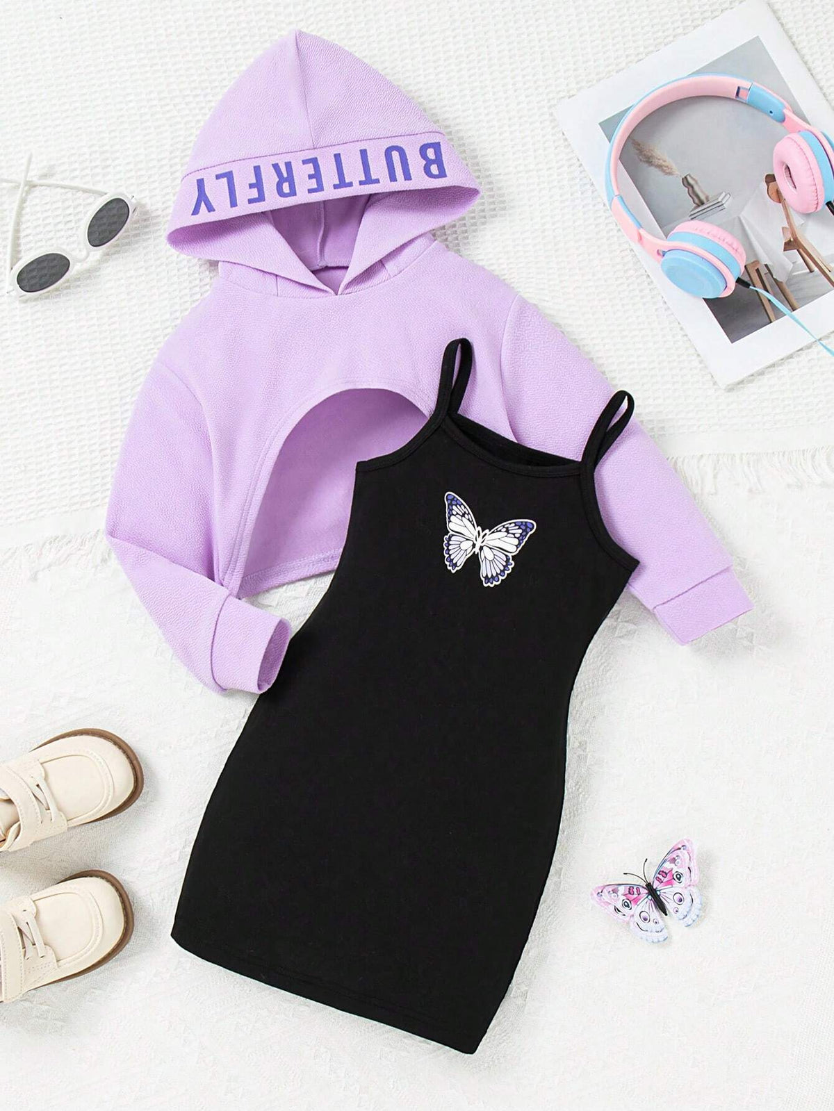 Girls Letter Print Hooded Long Sleeve Textured Crop Top + Butterfly Print Camisole Dress