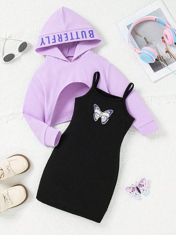 Girls Letter Print Hooded Long Sleeve Textured Crop Top + Butterfly Print Camisole Dress