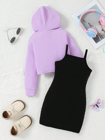 Girls Letter Print Hooded Long Sleeve Textured Crop Top + Butterfly Print Camisole Dress