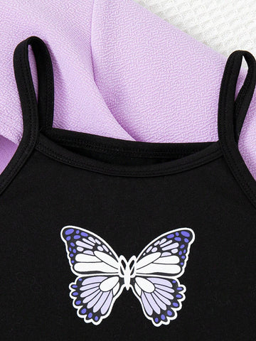 Girls Letter Print Hooded Long Sleeve Textured Crop Top + Butterfly Print Camisole Dress