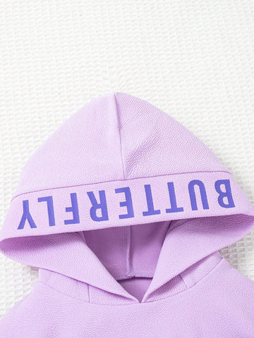 Girls Letter Print Hooded Long Sleeve Textured Crop Top + Butterfly Print Camisole Dress