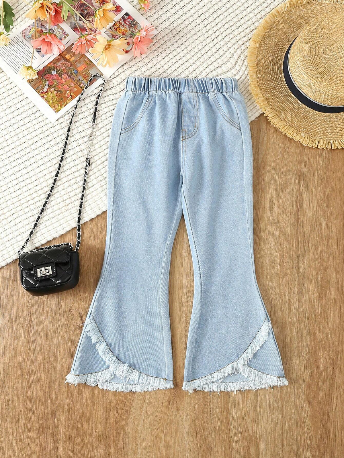 Girls' Light Washed Blue Fashionable Casual Jeans, Versatile