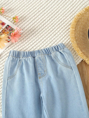 Girls' Light Washed Blue Fashionable Casual Jeans, Versatile