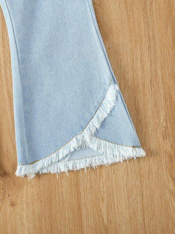 Girls' Light Washed Blue Fashionable Casual Jeans, Versatile