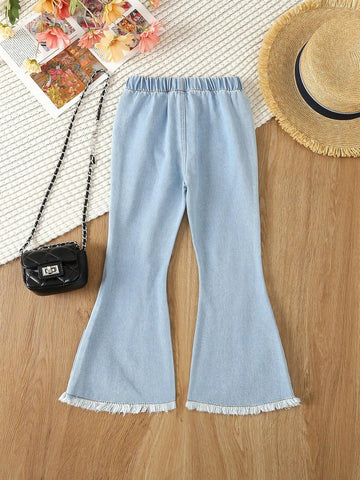 Girls' Light Washed Blue Fashionable Casual Jeans, Versatile
