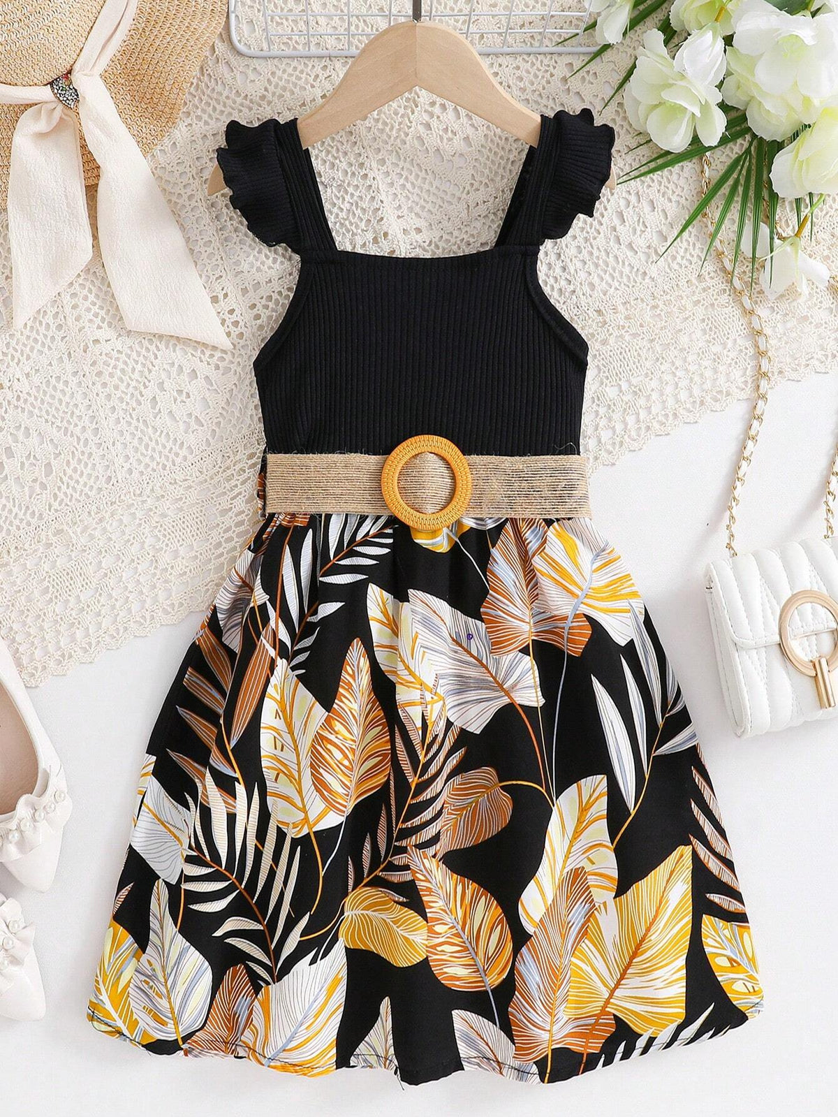 Girls" (Little) Belted Print Patchwork Vacation Style Dress