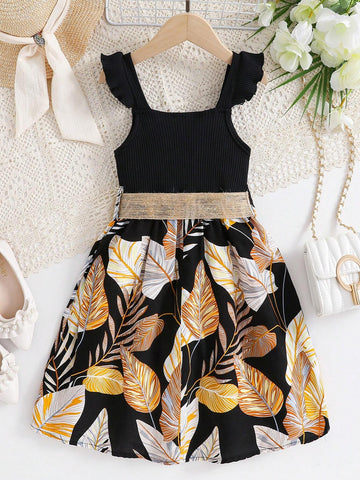 Girls" (Little) Belted Print Patchwork Vacation Style Dress