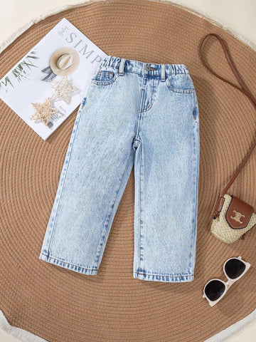 Girls' (Little) New Casual Fashion Light Blue Washed Soft Denim Straight Leg Jeans