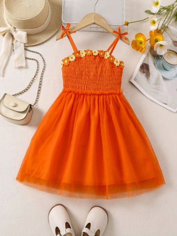 Girls" (Little) Textured Casual Holiday Orange Dress With 3D Flower Border