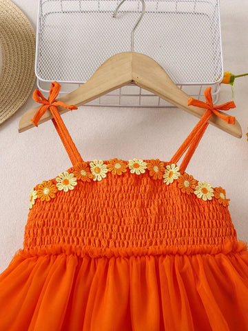 Girls" (Little) Textured Casual Holiday Orange Dress With 3D Flower Border