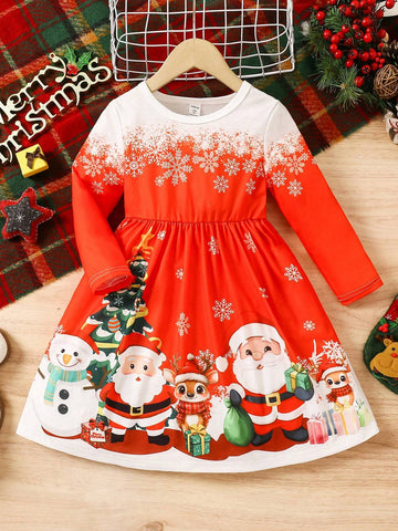 Girls' Long Sleeve A-Line Christmas-Themed Graphic Dress