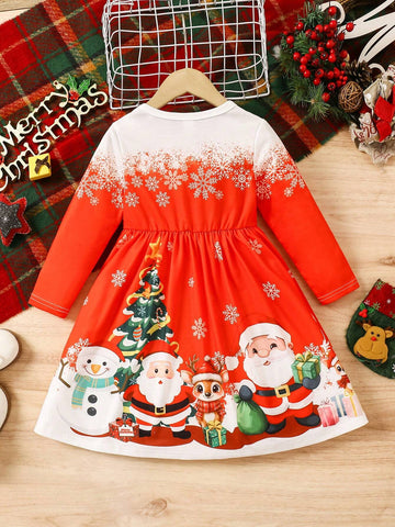 Girls' Long Sleeve A-Line Christmas-Themed Graphic Dress