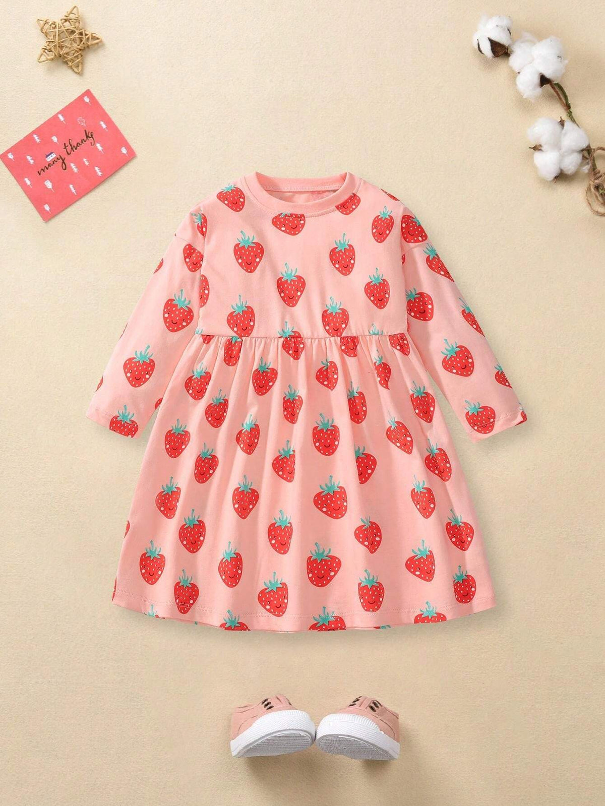 Girls Long Sleeve Autumn Dress Cute Strawberry Children's Dress Autumn Pure Cotton Young Girl Dress