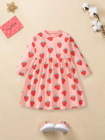 Girls Long Sleeve Autumn Dress Cute Strawberry Children's Dress Autumn Pure Cotton Young Girl Dress