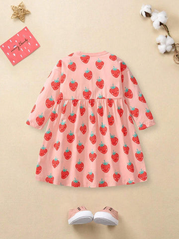 Girls Long Sleeve Autumn Dress Cute Strawberry Children's Dress Autumn Pure Cotton Young Girl Dress