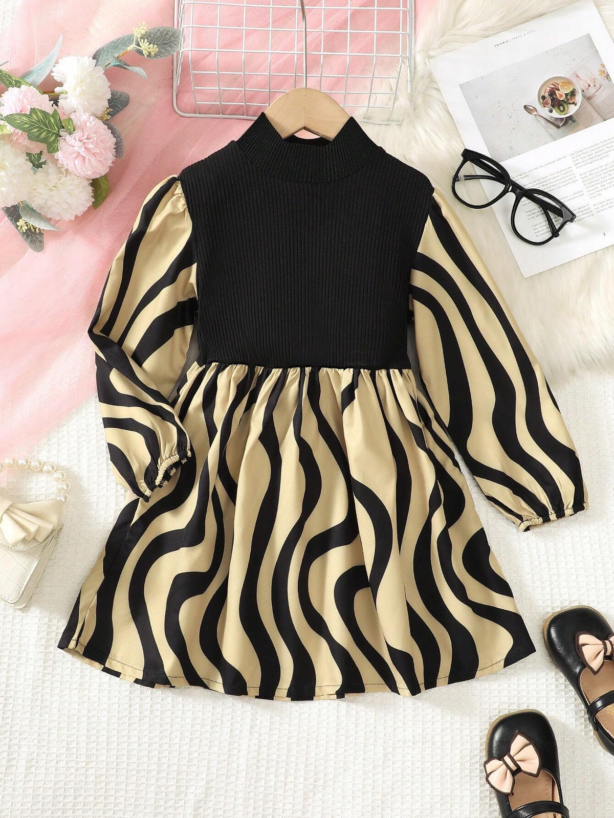 Girls' Long Sleeve Autumn Dress, Young Girl Peter Pan Collar Patchwork Wavy Striped Print Fashion Dress