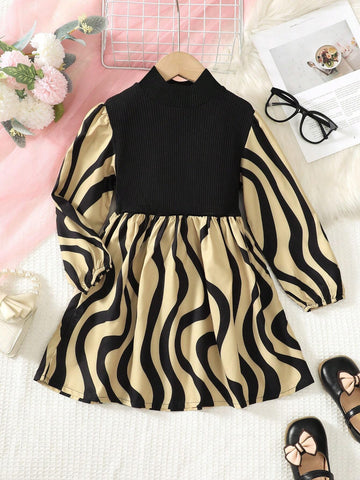 Girls' Long Sleeve Autumn Dress, Young Girl Peter Pan Collar Patchwork Wavy Striped Print Fashion Dress