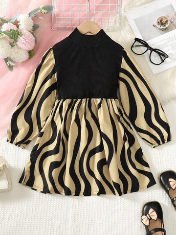 Girls' Long Sleeve Autumn Dress, Young Girl Peter Pan Collar Patchwork Wavy Striped Print Fashion Dress