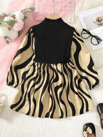 Girls' Long Sleeve Autumn Dress, Young Girl Peter Pan Collar Patchwork Wavy Striped Print Fashion Dress