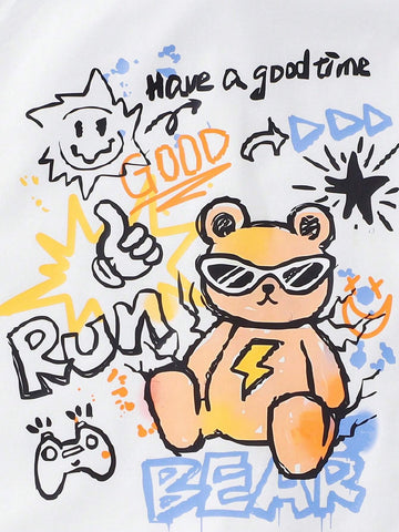 Girls' Long Sleeve Bear Letter Slogan Graffiti Print Cute Fashion Blouse + Casual Everyday Comfortable Blouse + School Style Matching Set, Autumn/Winter