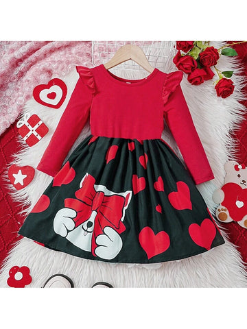 Girl's Long Sleeve Cartoon Heart Print Bow Tie Casual Dress, Spring Autumn