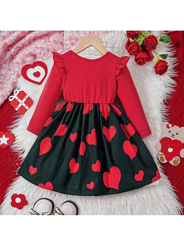 Girl's Long Sleeve Cartoon Heart Print Bow Tie Casual Dress, Spring Autumn