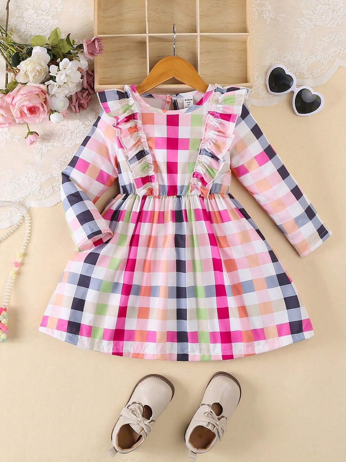 Girls' Long Sleeve Checkered Print Dress, School Style Young Girl Dress, Autumn