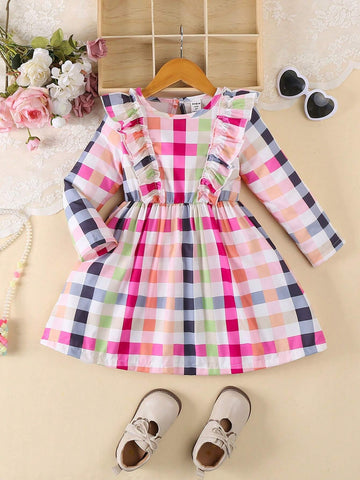 Girls' Long Sleeve Checkered Print Dress, School Style Young Girl Dress, Autumn