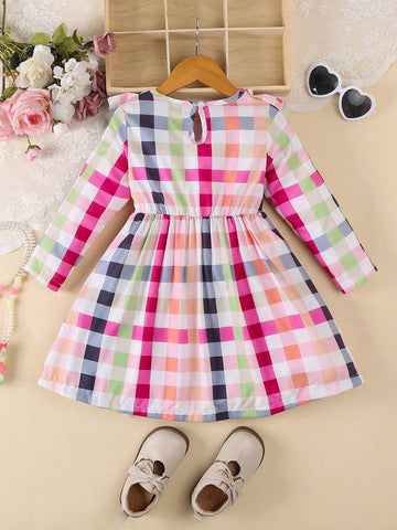 Girls' Long Sleeve Checkered Print Dress, School Style Young Girl Dress, Autumn