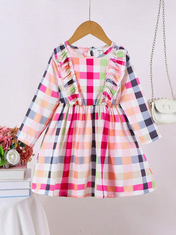 Girls' Long Sleeve Checkered Print Dress, School Style Young Girl Dress, Autumn