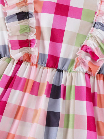 Girls' Long Sleeve Checkered Print Dress, School Style Young Girl Dress, Autumn
