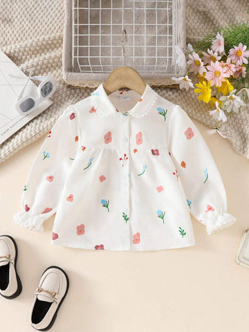 Young Girl Ditsy Floral Crew Neck Long Sleeve Ruffle Hem Cute Shirt, Spring/Summer