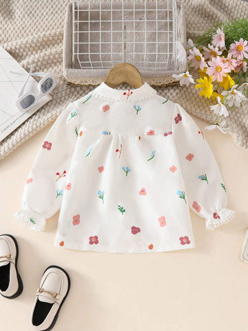 Young Girl Ditsy Floral Crew Neck Long Sleeve Ruffle Hem Cute Shirt, Spring/Summer