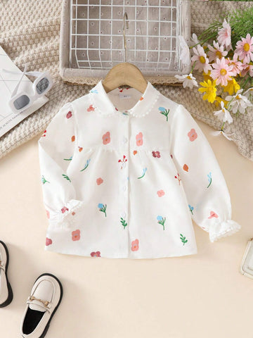 Young Girl Ditsy Floral Crew Neck Long Sleeve Ruffle Hem Cute Shirt, Spring/Summer