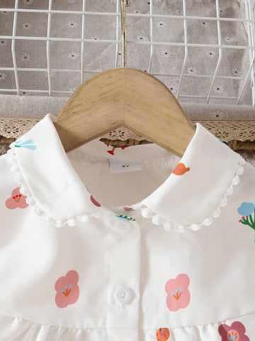 Young Girl Ditsy Floral Crew Neck Long Sleeve Ruffle Hem Cute Shirt, Spring/Summer