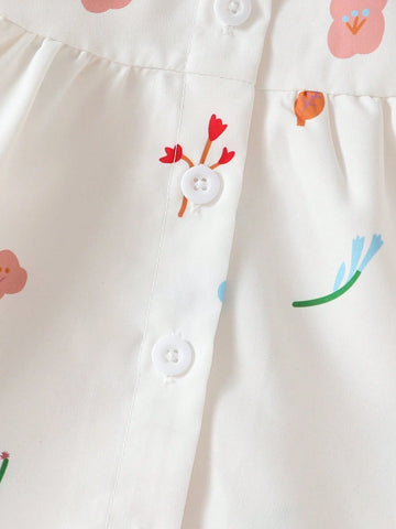 Young Girl Ditsy Floral Crew Neck Long Sleeve Ruffle Hem Cute Shirt, Spring/Summer